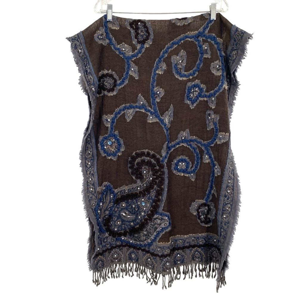 Tolani Wool Paisley Print Beaded Embroidered Large Rectangle Scarf Wrap